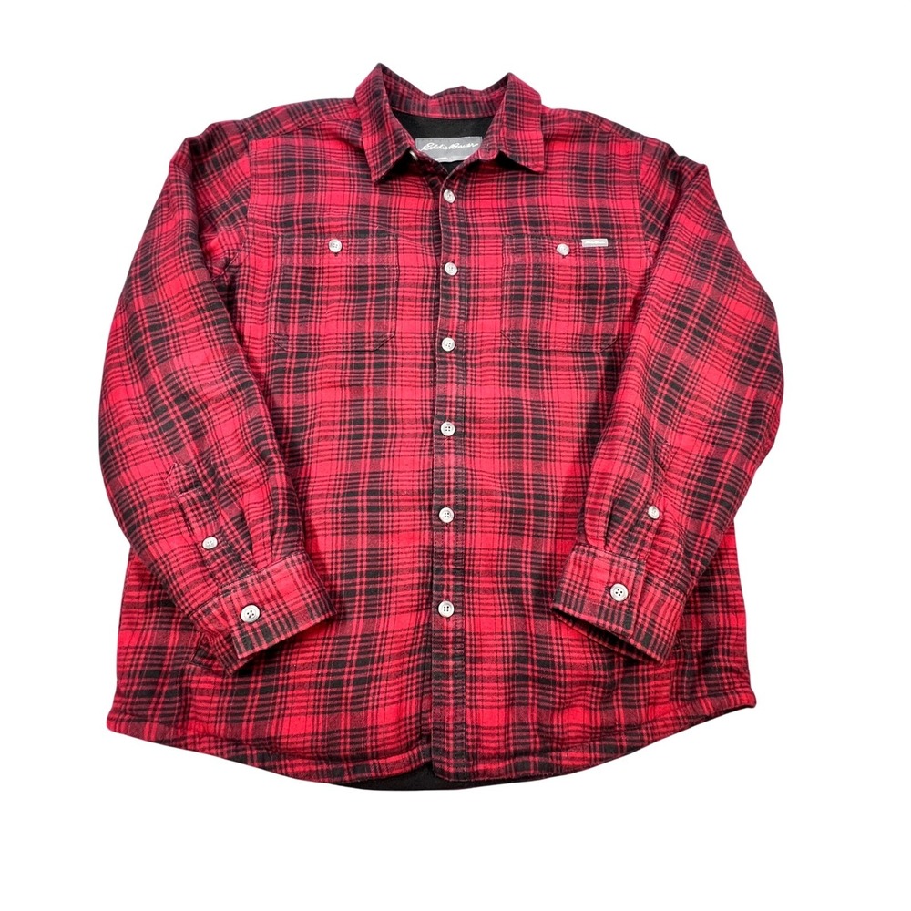 Eddie Bauer Red Plaid Fleece Lined Flannel Shirt Jacket Mens Large